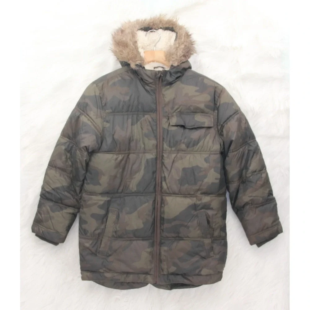 Old Navy Childrens Fur Trimmed Hooded Puffer Jacket L 10-12 Green Camo Boys Coat